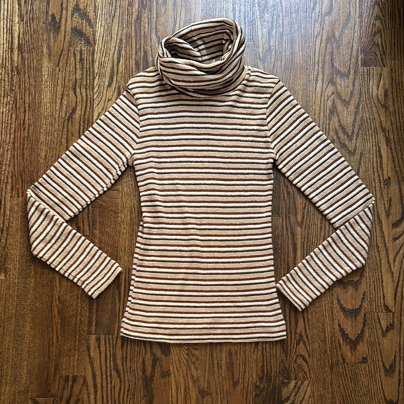 Vintage stretchy Lurex Ardee Cream and Brown Striped Turtleneck Sweater - Picture 1 of 7
